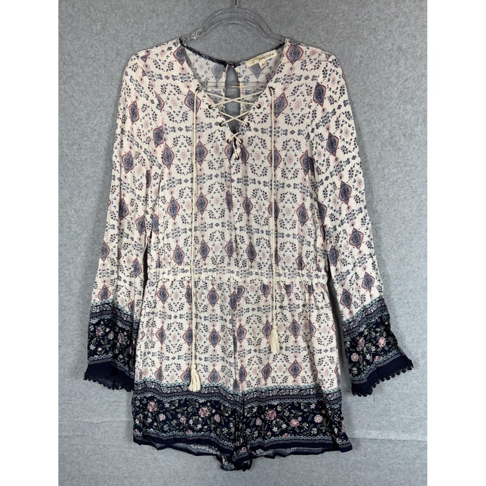 Rewind Romper Womens Large Boho Floral Print Long Sleeve Lace Up Tassel